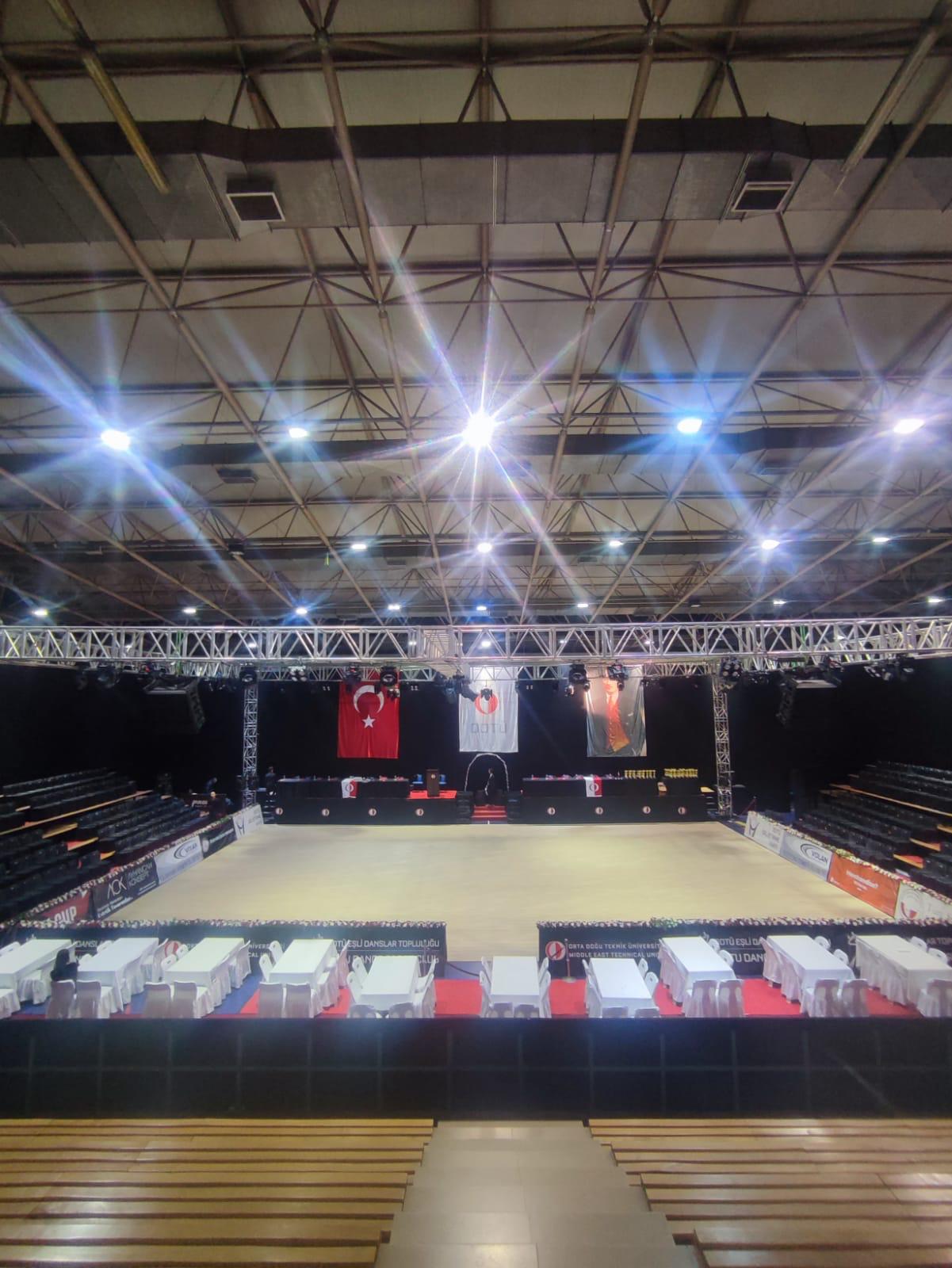 The hall seen from the Upper Block: the floor, the VIP tables and the side stands